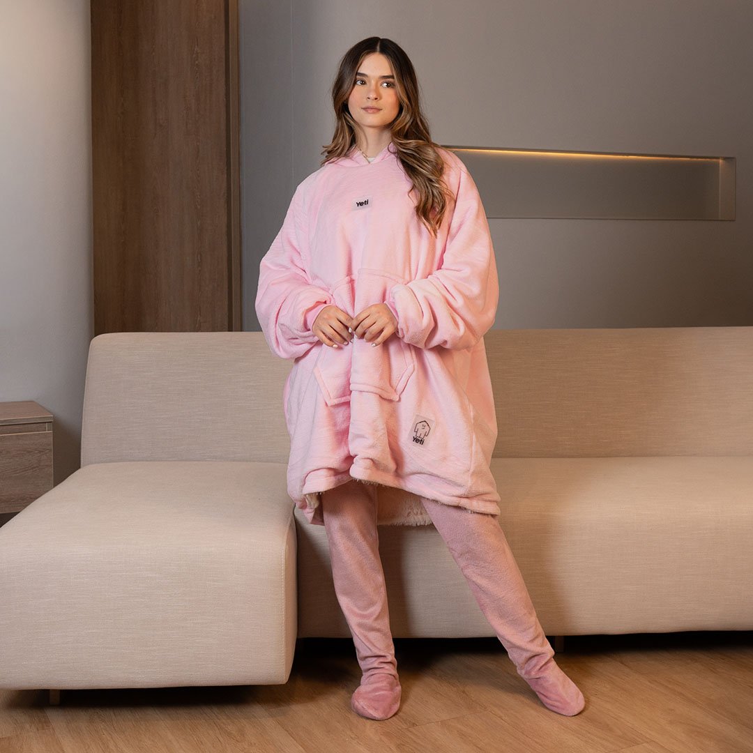 Set saco gigante doble faz rosa con beige + medias calentadoras rosas