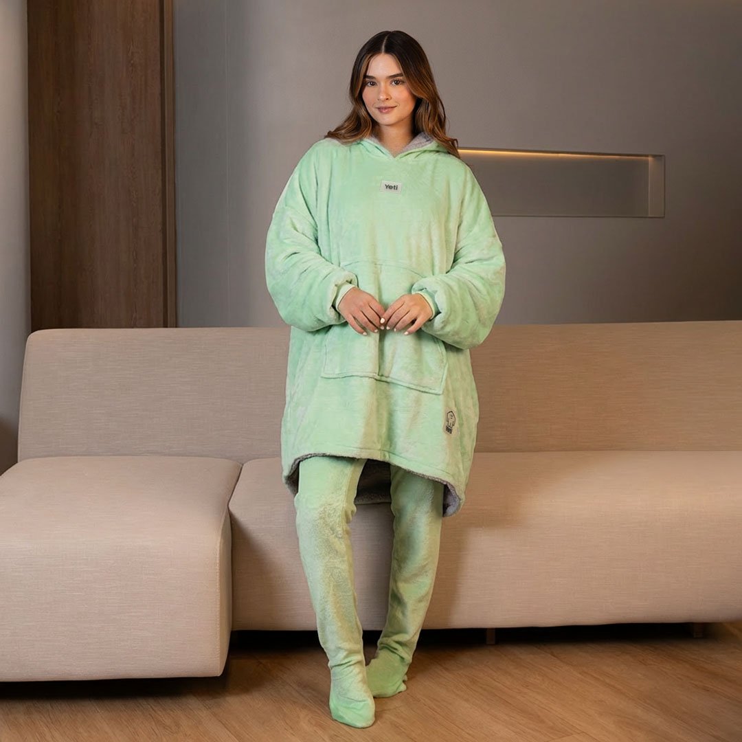 Set saco gigante doble faz menta con gris claro + medias calentadoras menta