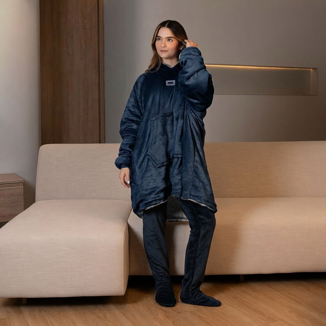 Combo saco gigante doble azul oscuro + medias calentadoras azul oscuras