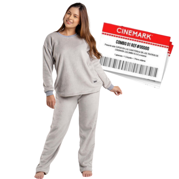 combo san valentin PIJAMA larga GRIS + 2 boletas de cine